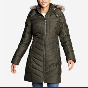 Eddie Bauer Sun Valley Down Parka 650 Dark Loden Faux Fur Womens L Jacket